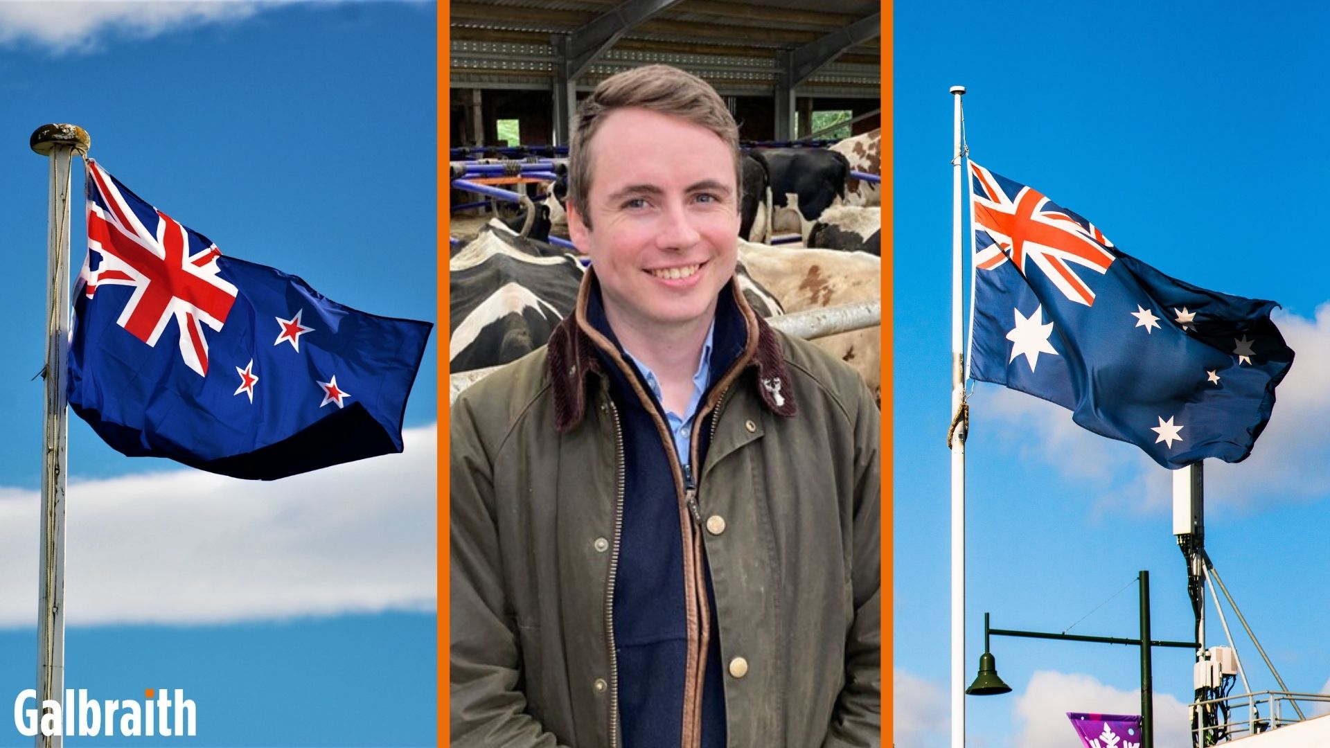 A headshot of James Lighton between an Australian and New Zealand Flag