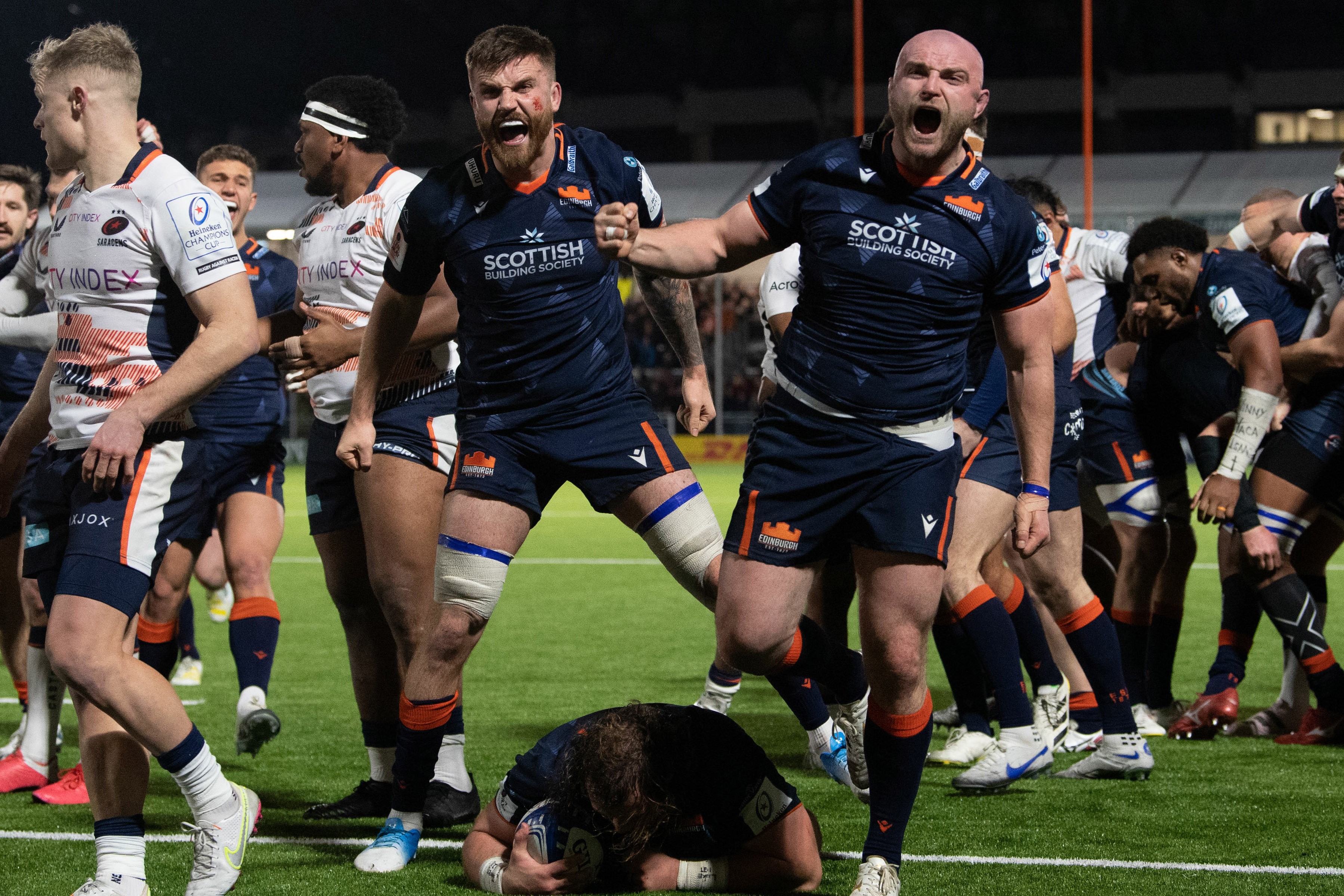 Dave Cherry and Luke Crosbie Celebrate a try against Saracens